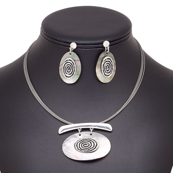 Necklace and earring set, 6-strand, black lip shell (natural) / stainless steel / antique silver-plated steel / "pewter" (zinc-based alloy), 52x39mm oval, 15" to 16" strand necklace with 2-inch extender chain and lobster claw clasp, 41mm earrings with post. Sold per set. image number 0