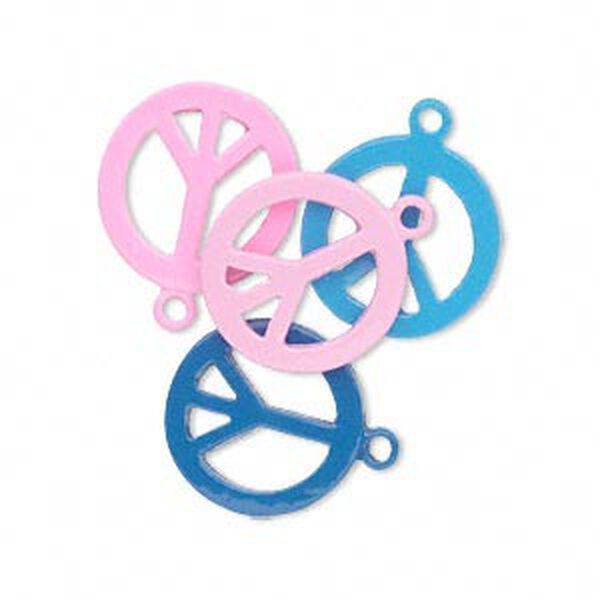 Charm, pewter (tin-based alloy) with enamel, assorted colors, 15mm double-sided round peace sign. Sold per pkg of 4. image number 0