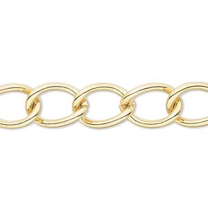 Chain 1pkg1 curb, 9mm, gold-finished brass 50 foot unfinished