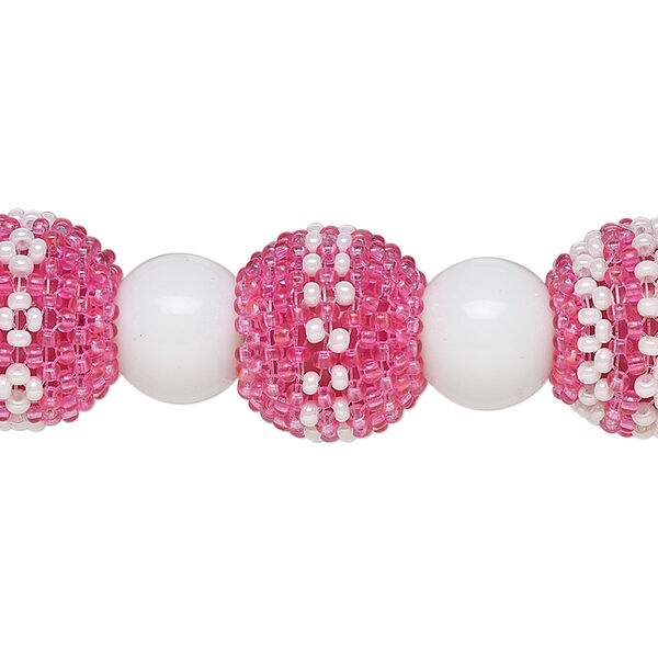 Bead, glass, opaque pink and white, 13mm round and 10mm round. Sold per 6-inch strand, approximately 7 beads. image number 0