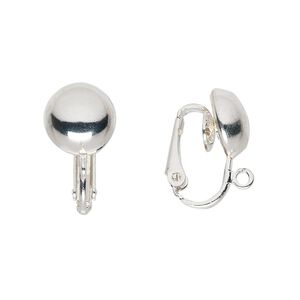 Earring clip-on 1pkg10 silver-plated, 18mm hinged / 10mm half-ball / open loop, steel 5 pair