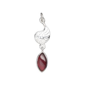 Garnet / sterling silver 1pkg1, antiqued nautilus drop natural 26x8mm