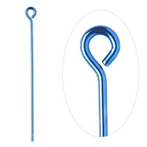 Eye pin, electro-coated brass, blue, 1-1/2 inches, 21 gauge. Sold per pkg of 10.