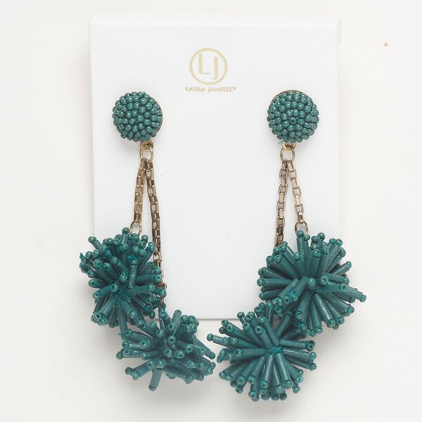 Earring 1pkg2 acrylic / gold-finished brass / brass-finished stainless steel, dark teal green, 3 inches with beaded pompom with earstud, 1 pair. image number 0