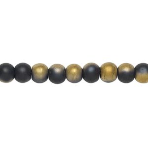 Bead, coated glass, two-tone matte black and gold, 5-6mm round. Sold per 15-inch strand.