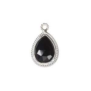 Drop, black onyx (dyed) and sterling silver, 18x14mm-20x15mm hand-cut double-sided faceted teardrop with twisted wire design. Sold individually.