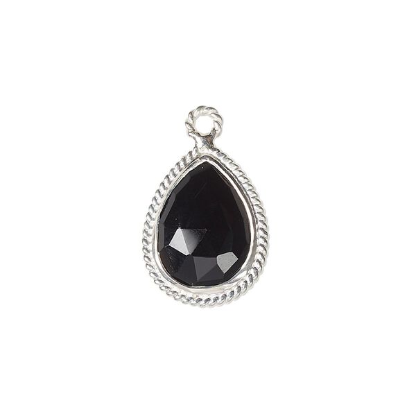 Drop, black onyx (dyed) and sterling silver, 18x14mm-20x15mm hand-cut double-sided faceted teardrop with twisted wire design. Sold individually. image number 0
