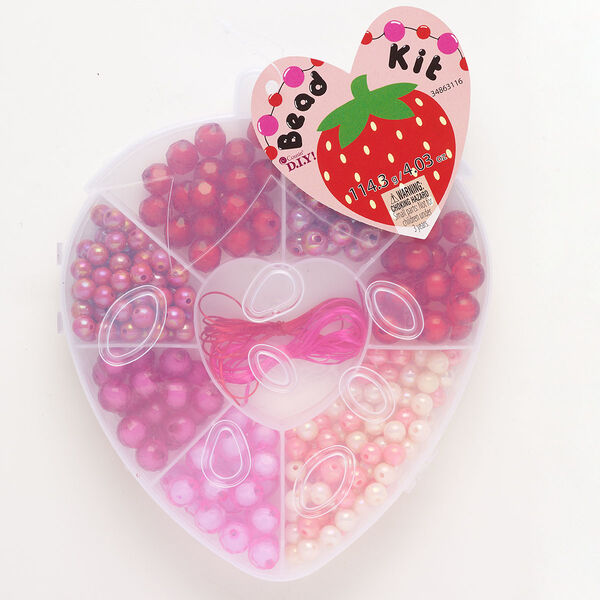 Bead mix, acrylic and elastic, multi-red and multi-pink, 8-12mm round and faceted round / 1mm round cord. Sold individually. image number 0