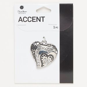 Focal, silver-finished brass / glass / enamel, clear and black, 33x30mm single-sided heart. Sold individually.