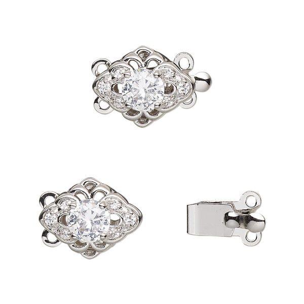 Clasp, 2-strand tab, cubic zirconia and rhodium-plated brass, clear, 14x11mm diamond with 2mm and 6mm faceted round. Sold individually. image number 0