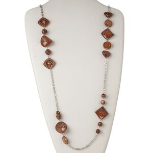 Necklace, acrylic and silver-finished steel, brown, flat round, 47-inch continuous loop. Sold individually.