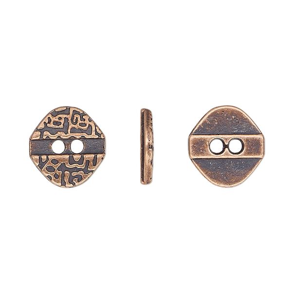 Button, antiqued copper-finished "pewter" (zinc-based alloy), 12x11.5mm single-sided textured flat diamond. Sold per pkg of 50. image number 0