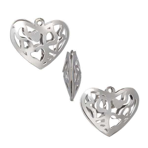 Charm, stainless steel, 18x15mm double-sided domed heart with textured cut-out fancy design. Sold per pkg of 6. image number 0