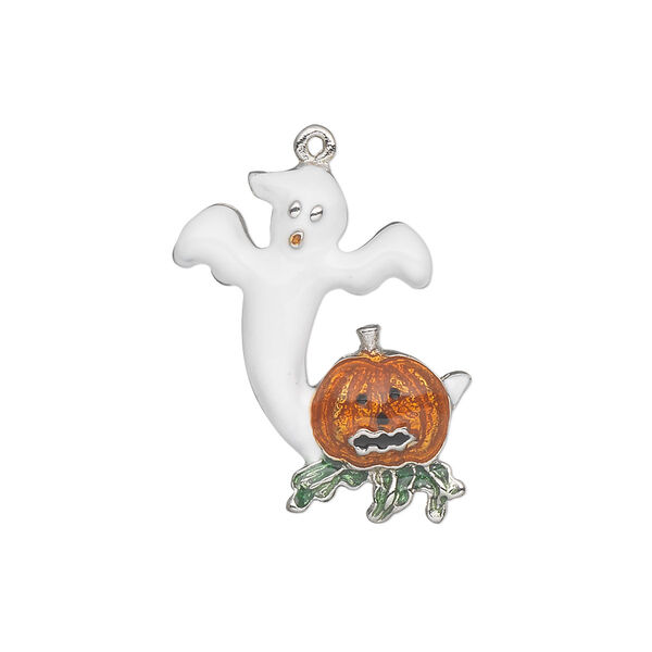 Charm, silver-plated "pewter" (zinc-based alloy) and enamel, multicolored, 24x20mm single-sided ghost and pumpkin. Sold individually. image number 0