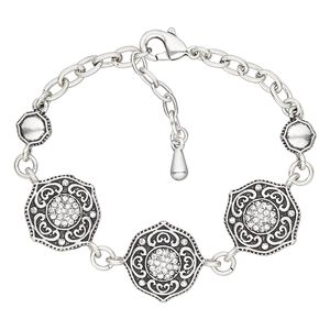 Bracelet, glass rhinestone / antique silver-plated brass / steel / "pewter" (zinc-based alloy), clear, 20mm wide with round, 6 inches with 2-inch extender chain and lobster claw clasp. Sold individually.