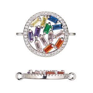 Link, cubic zirconia and silver-finished brass, multicolored, 18mm single-sided round. Sold individually.