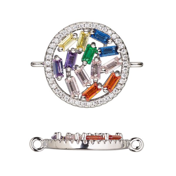 Link, cubic zirconia and silver-finished brass, multicolored, 18mm single-sided round. Sold individually. image number 0