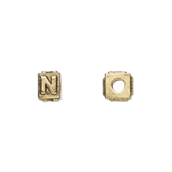 Bead, antique gold-plated pewter (tin-based alloy), 8x6mm rectangle with alphabet letter "N." Sold per pkg of 4. image number 0