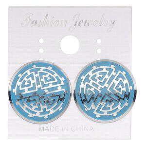 Earstud, stainless steel, blue patina, 20mm round with maze design. Sold per pair.