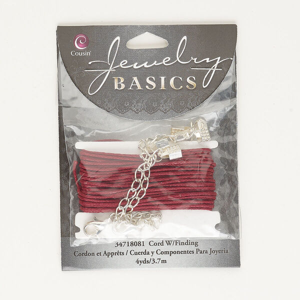 Cord assortment, silver-finished steel and waxed cotton, red, 4 yards 1mm round cord with (2) 9x6mm lobster claw clasp and (1) 5mm fold over crimp. Sold per pkg of 3. image number 0