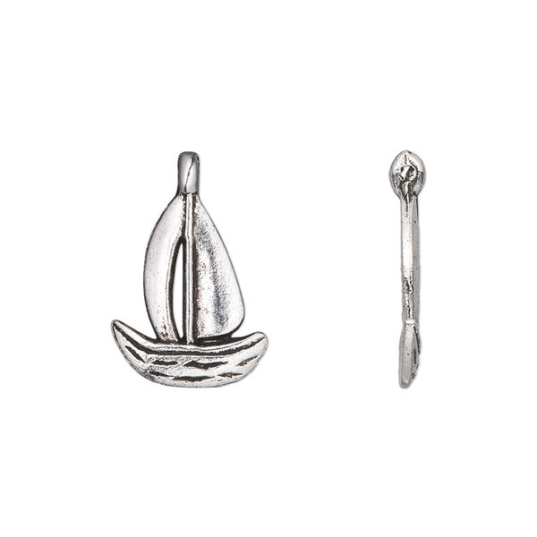 Charm, antique silver-plated "pewter" (zinc-based alloy), 16x13mm single-sided sailboat. Sold per pkg of 20. image number 0
