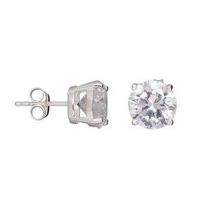 Earstud, sterling silver and cubic zirconia, clear, 10mm faceted round with post. Sold per pair.