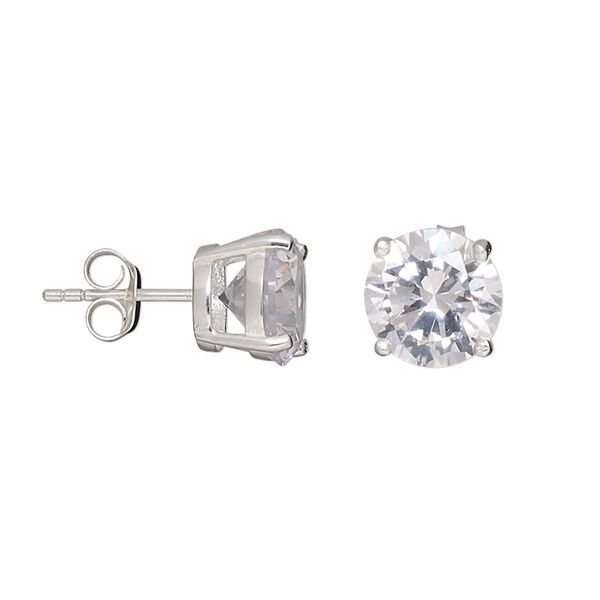 Earstud, sterling silver and cubic zirconia, clear, 10mm faceted round with post. Sold per pair. image number 0