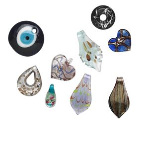 Focal mix, lampworked glass, multicolored, 27-60mm mixed shapes. Sold per pkg of 3.