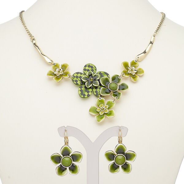 Necklace and earring set, acrylic / enamel / glass rhinestone / gold-finished steel / "pewter" (zinc-based alloy), multi-green, flowers, 18-inch necklace with 2-inch extender chain and lobster claw clasp, 31mm earrings with leverback ear wire. Sold per set. image number 0