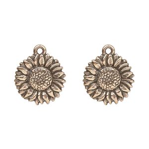 Charm, TierraCast®, antique copper-plated pewter (tin-based alloy), 15mm double-sided sunflower. Sold per pkg of 2.