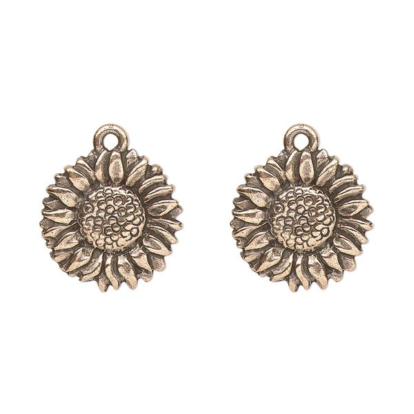 Charm, TierraCast®, antique copper-plated pewter (tin-based alloy), 15mm double-sided sunflower. Sold per pkg of 2. image number 0