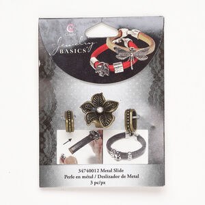 Bead assortment, slider 1pkg3, antique brass-finished "pewter" (zinc alloy) and acrylic, clear, 13x5mm beaded oval rondelle and 22x21mm flower.