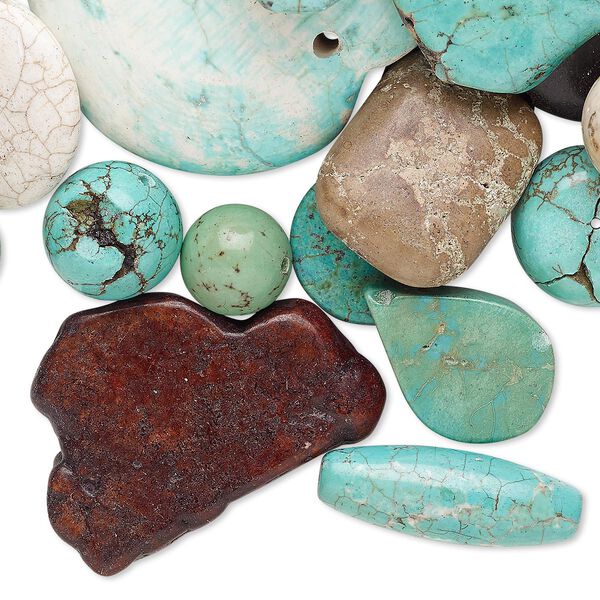 Focal and drop mix, magnesite (dyed / stabilized), mixed colors, 10mm-50x50mm mixed shape, Mohs hardness 3-1/2 to 4. Sold per 1/2 pound pkg, approximately 30-35 pieces. image number 0