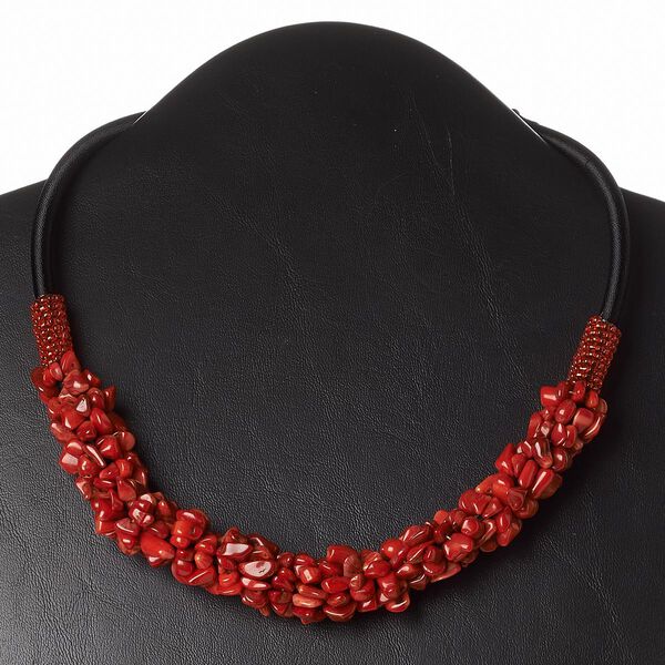 Necklace, bamboo coral (dyed) / nylon cord / plastic / glass, black and red, 16-1/2 inches with 3-inch loop extender and button clasp. Sold individually. image number 0