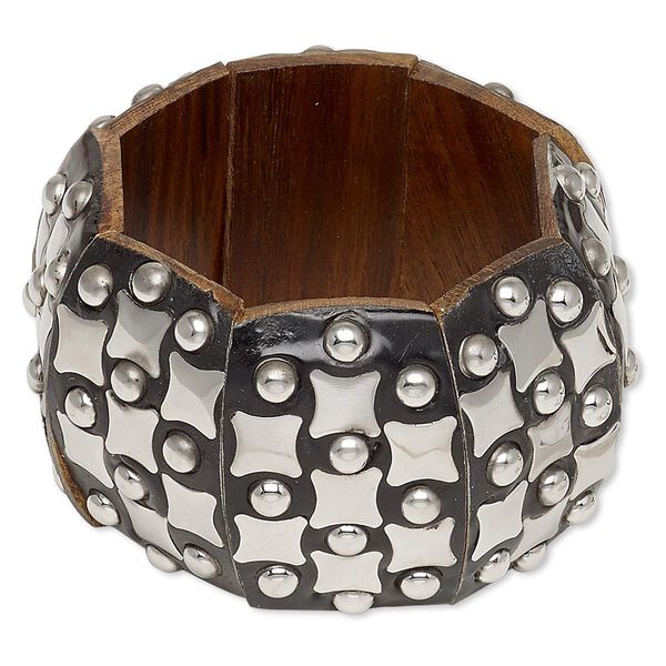 Bracelet, stretch, wood / resin / stainless steel / silver-finished brass, dark brown, 45mm wide with checker design, 6-1/2 inches. Sold individually. image number 0