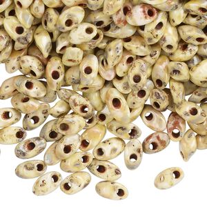 Seed bead, Miyuki, glass, pkg/10g, 7x4mm long magatama, opaque Picasso white (LMA-4512).