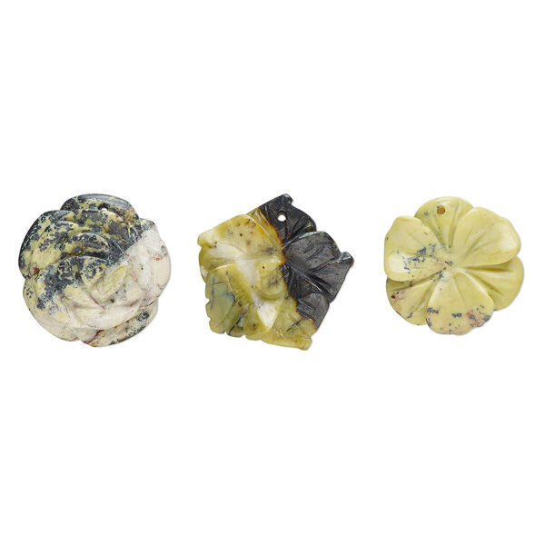 Yellow "turquoise" (serpentine with quartz) 1pkg3, carved flower drop natural mix 29x23mm-33x32mm image number 0