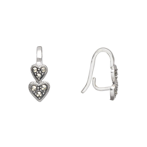 Bail, prong, sterling silver and marcasite, 6 stones, 16x6mm double heart design with 11mm grip length. Sold individually. image number 0