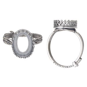 Ring, JBB Findings, antique silver-plated brass, 15.5mm wide with decorative trim and 14x10mm oval bezel setting, adjustable from size 8-11. Sold individually.