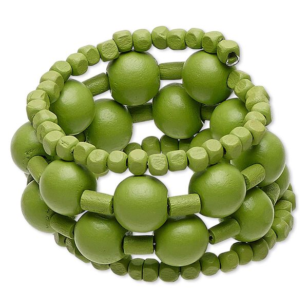 Bracelet, painted wood and steel memory wire, lime green, 34mm wide with round and cube, adjustable from 7-8 inches. Sold individually. image number 0