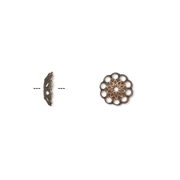 Bead cap, antique copper-plated brass, 8x2mm fancy round with cutouts, fits 8-10mm bead. Sold per pkg of 500. image number 0