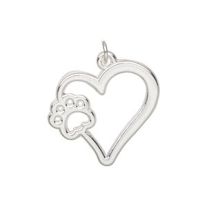 Charm, silver-finished "pewter" (zinc-based alloy) and steel, 24x22mm single-sided heart with paw cutout design. Sold per pkg of 4.
