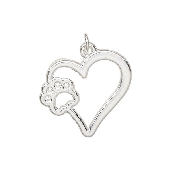 Charm, silver-finished "pewter" (zinc-based alloy) and steel, 24x22mm single-sided heart with paw cutout design. Sold per pkg of 4. image number 0