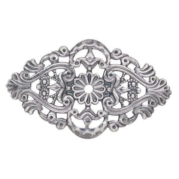 Focal, antique silver-plated steel, 59x35mm single-sided wavy flat oval with 3mm center hole. Sold per pkg of 6. image number 0