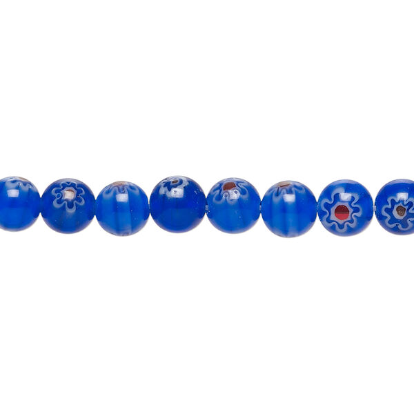 Bead, millefiori glass 1pkg1, translucent cobalt blue / red / white, 6mm round, 15 inches. image number 0