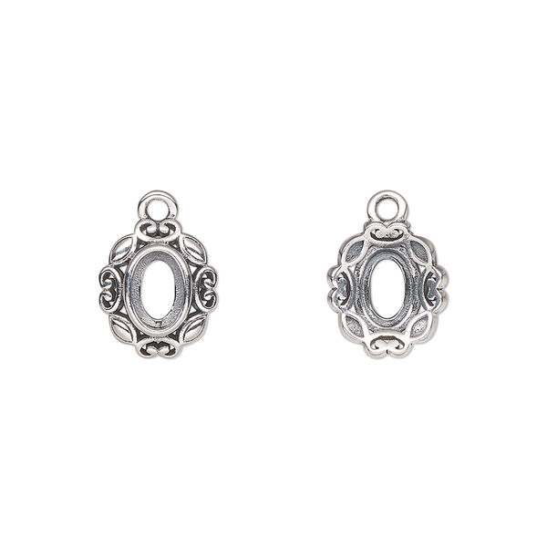 Drop, antiqued sterling silver, 11.5x9.5mm overall with 6x4mm oval setting and open back. Sold individually. image number 0