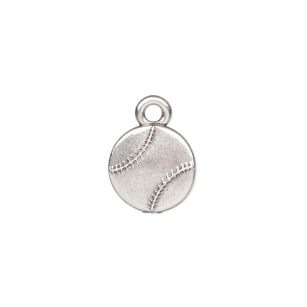 Charm, TierraCast®, antique silver-plated pewter (tin-based alloy), 13mm double-sided baseball. Sold per pkg of 2. image number 0
