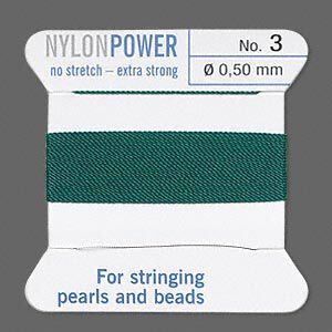 Thread, Griffin, nylon, green, size #3. Sold per 2-meter card (approximately 78 inches).