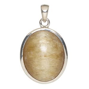 Pendant, lemon calcite (coated) and sterling silver, 28x23mm-29x24mm oval. Sold individually.