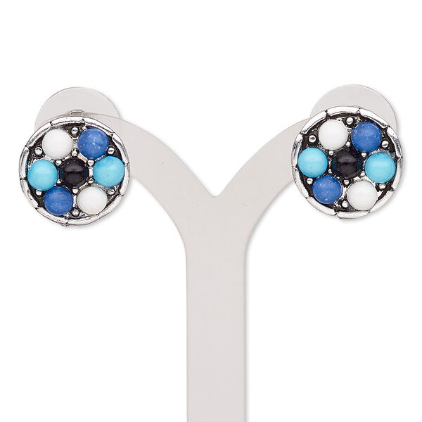 Earring, resin / stainless steel / antiqued silver-finished "pewter" (zinc-based alloy), multicolored, 16mm round with post. Sold per pair. image number 0